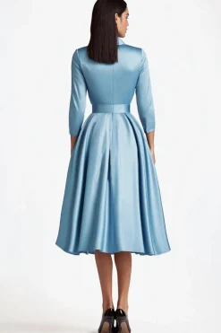Azul A Line Flared Botão Frontal Fechos Vestido Formal de Comprimento Médio com Mangas Longas