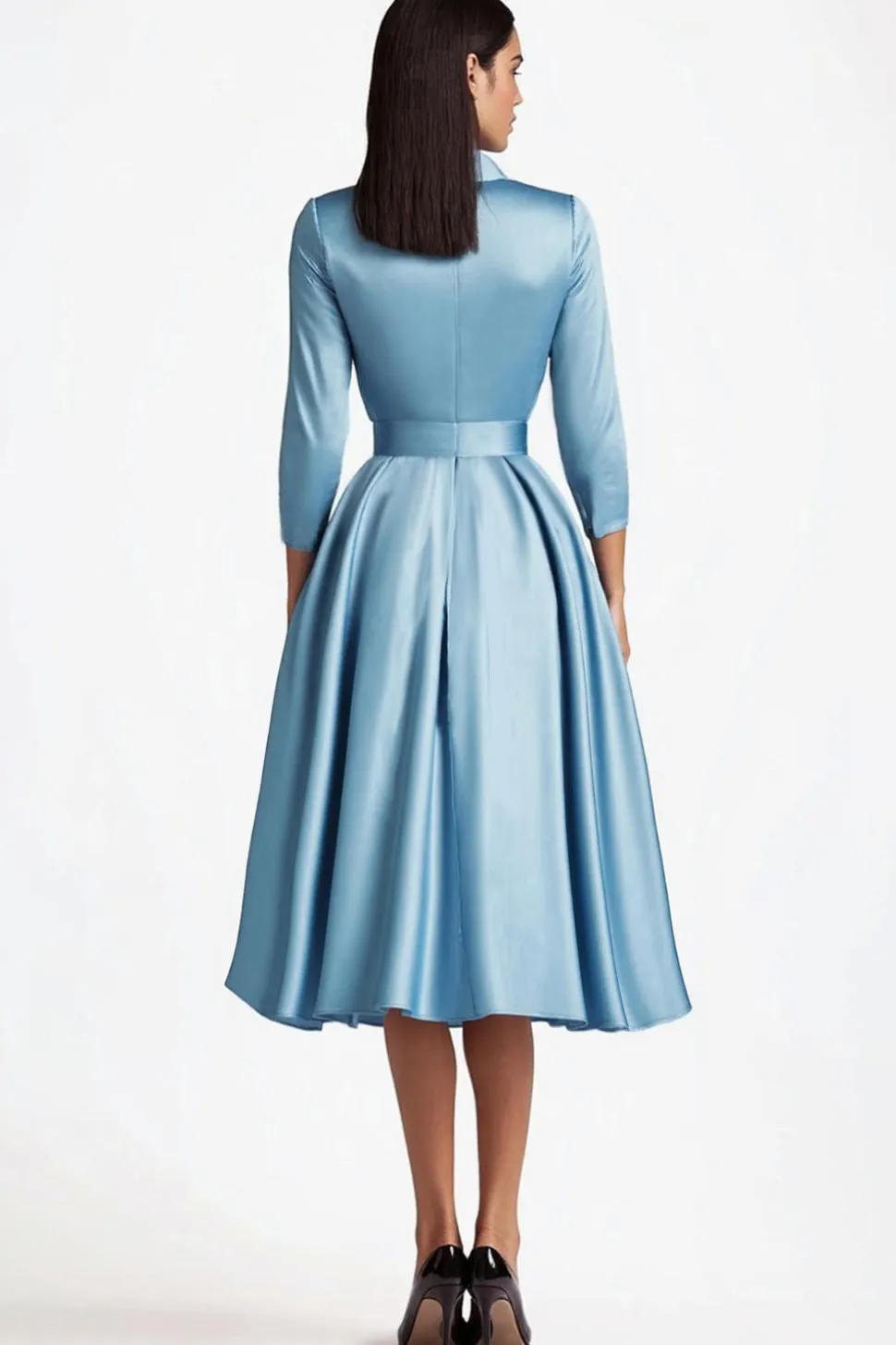 Azul A Line Flared Botão Frontal Fechos Vestido Formal de Comprimento Médio com Mangas Longas