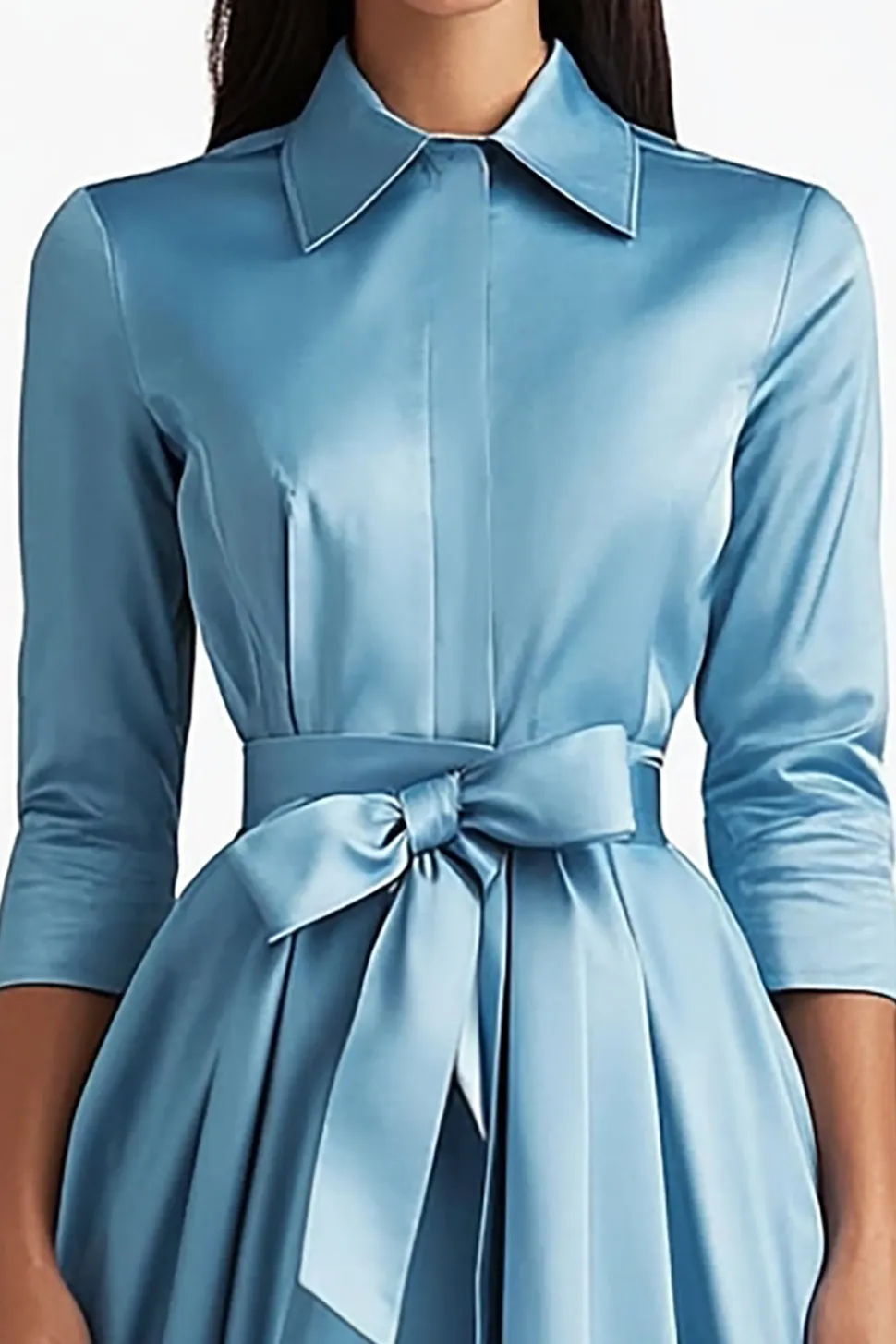 Azul A Line Flared Botão Frontal Fechos Vestido Formal de Comprimento Médio com Mangas Longas