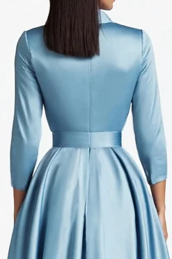 Azul A Line Flared Botão Frontal Fechos Vestido Formal de Comprimento Médio com Mangas Longas