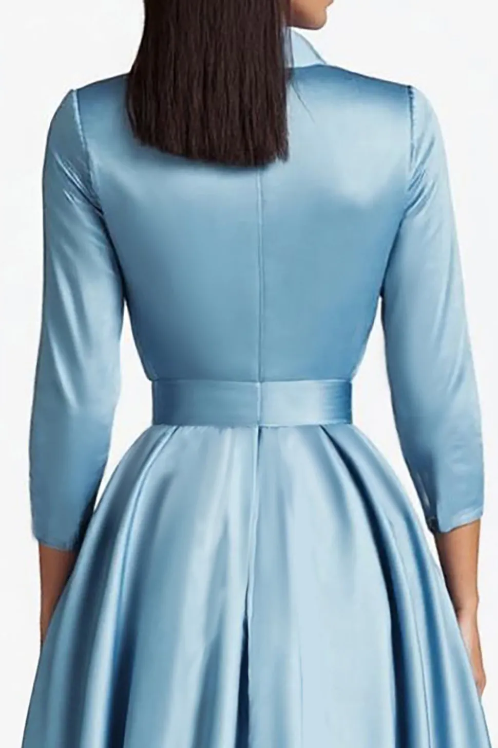 Azul A Line Flared Botão Frontal Fechos Vestido Formal de Comprimento Médio com Mangas Longas