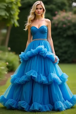 Azul A Line Sweetheart babado vestido de baile de formatura em camadas