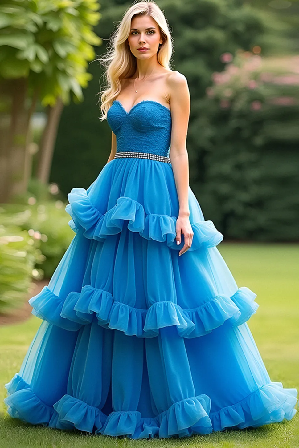 Azul A Line Sweetheart babado vestido de baile de formatura em camadas