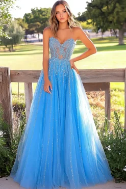 Azul A Line Sweetheart Tulle Long Prom Dress com Apliques
