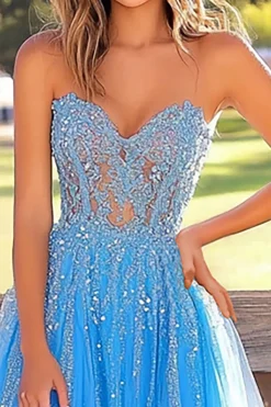 Azul A Line Sweetheart Tulle Long Prom Dress com Apliques