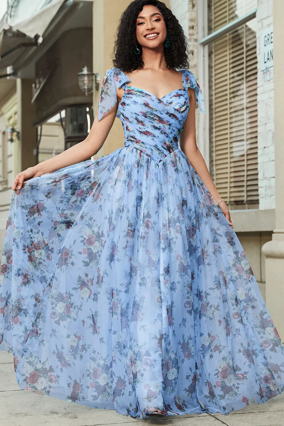 Azul A-Line impresso correias ajustáveis vestido longo baile de formatura