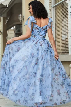 Azul A-Line impresso correias ajustáveis vestido longo baile de formatura