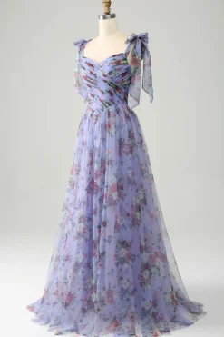 Azul A-Line impresso correias ajustáveis vestido longo baile de formatura