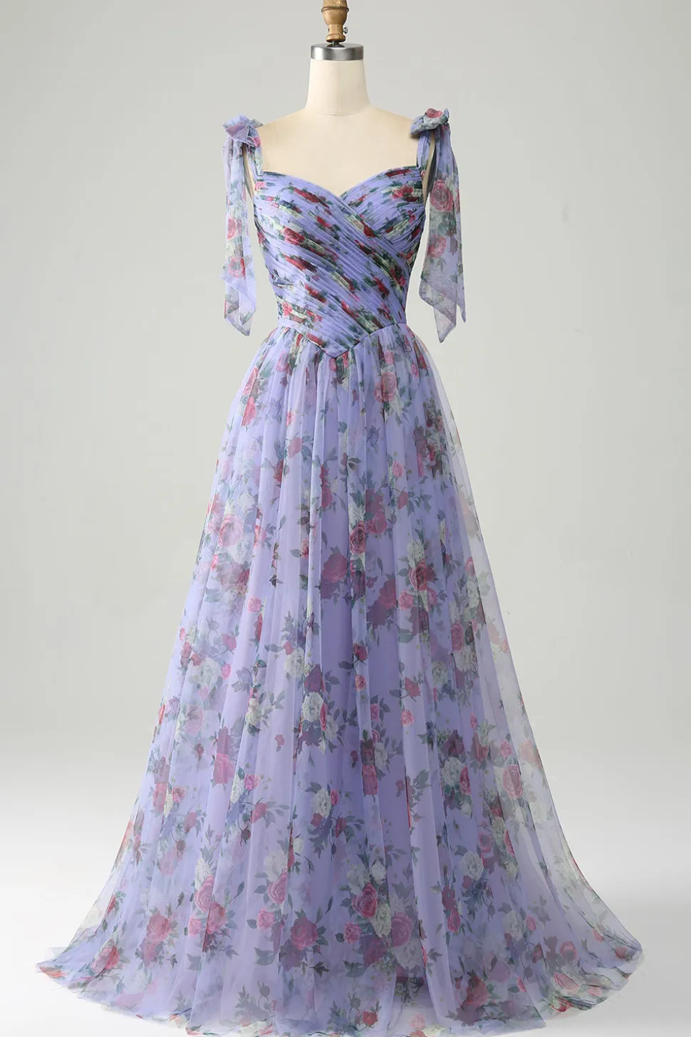 Azul A-Line impresso correias ajustáveis vestido longo baile de formatura