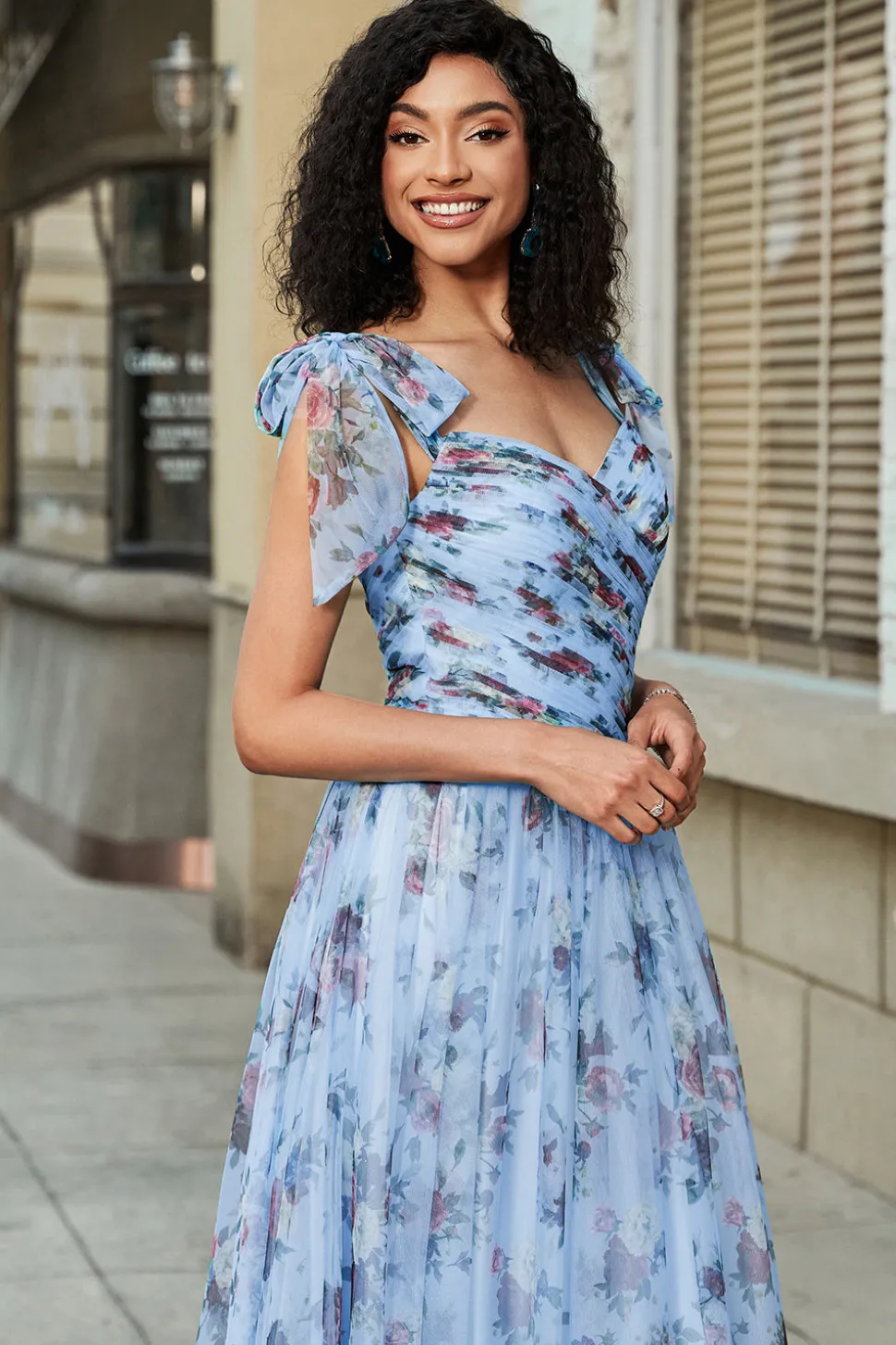 Azul A-Line impresso correias ajustáveis vestido longo baile de formatura