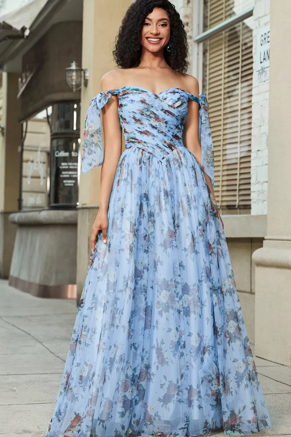 Azul A-Line impresso correias ajustáveis vestido longo baile de formatura