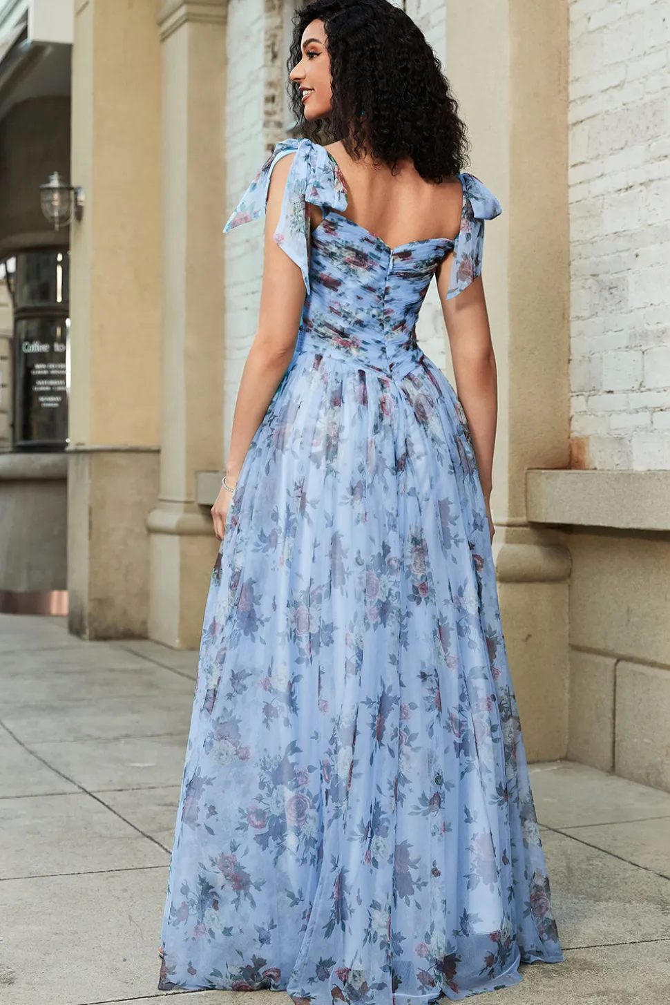 Azul A-Line impresso correias ajustáveis vestido longo baile de formatura