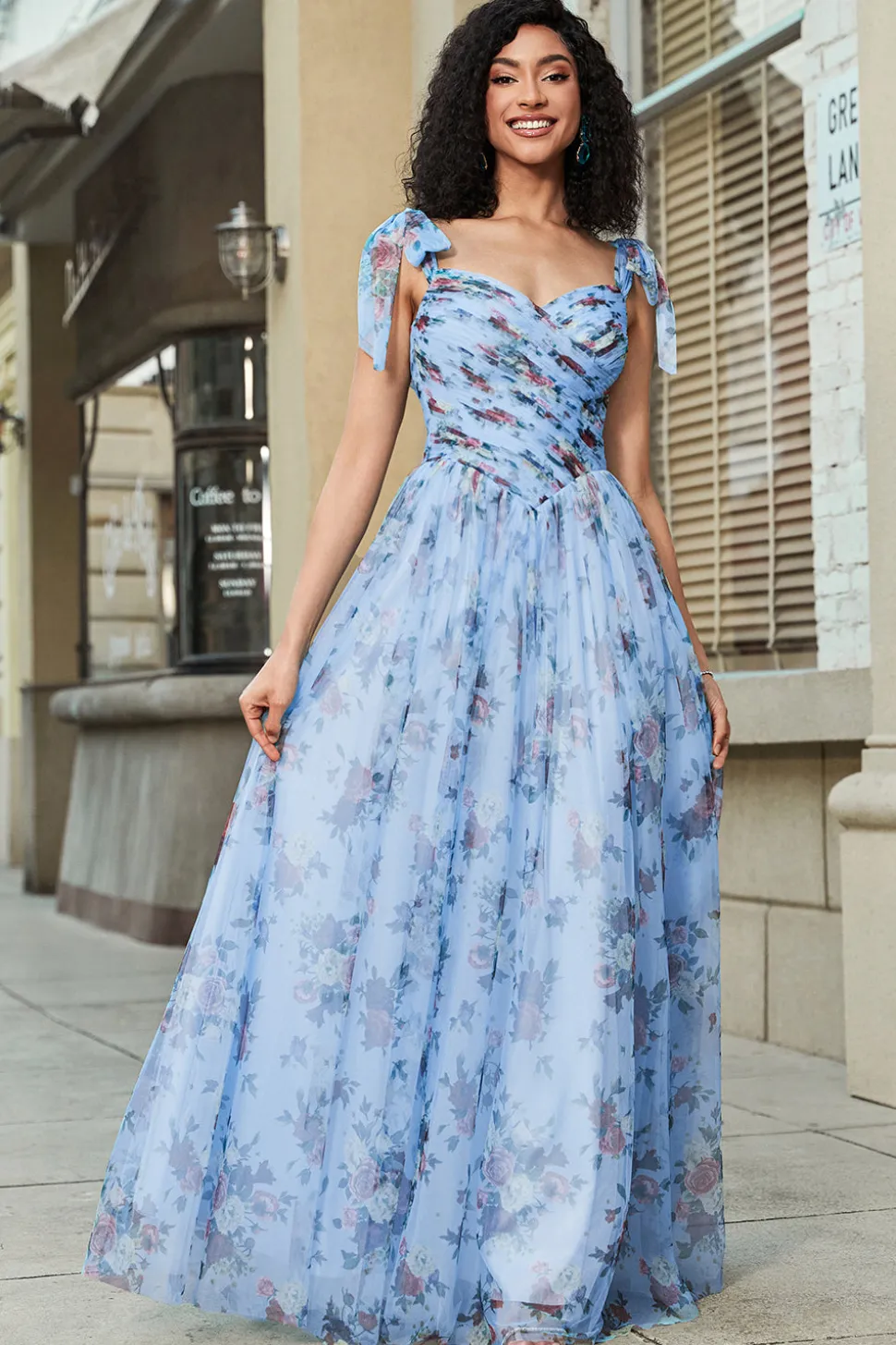 Azul A-Line impresso correias ajustáveis vestido longo baile de formatura