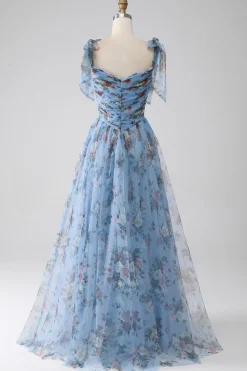Azul A-Line impresso correias ajustáveis vestido longo baile de formatura
