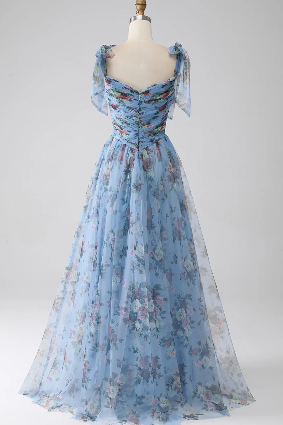 Azul A-Line impresso correias ajustáveis vestido longo baile de formatura