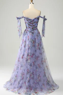 Azul A-Line impresso correias ajustáveis vestido longo baile de formatura