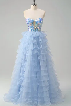 Azul A-Line Querida Keyhole Corset Tiered Espelhos Ruffle Long Prom Dress