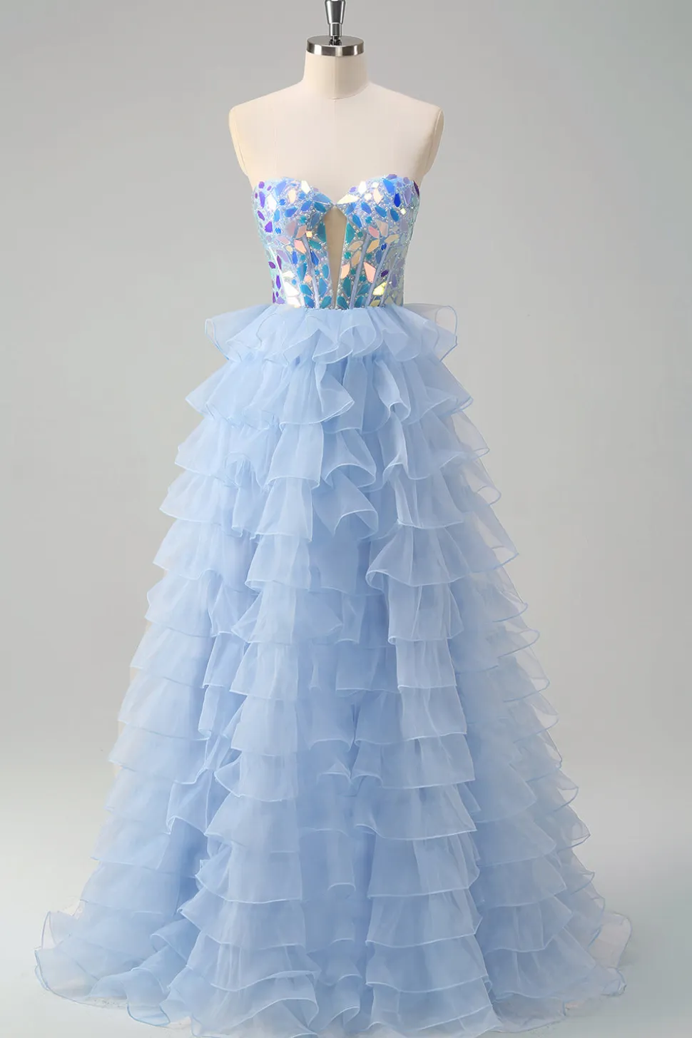Azul A-Line Querida Keyhole Corset Tiered Espelhos Ruffle Long Prom Dress