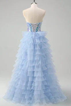 Azul A-Line Querida Keyhole Corset Tiered Espelhos Ruffle Long Prom Dress