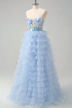 Azul A-Line Querida Keyhole Corset Tiered Espelhos Ruffle Long Prom Dress