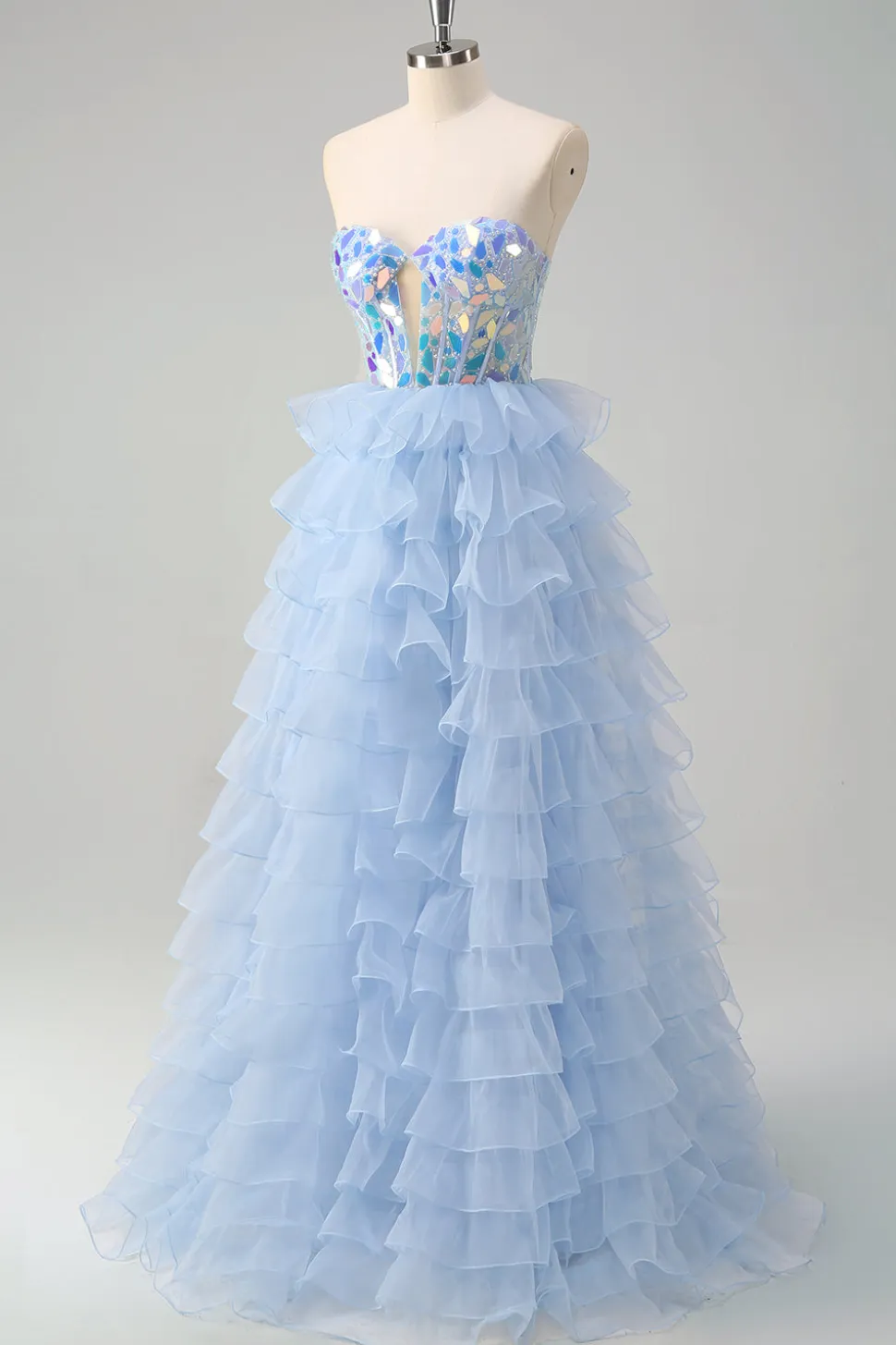Azul A-Line Querida Keyhole Corset Tiered Espelhos Ruffle Long Prom Dress