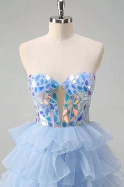 Azul A-Line Querida Keyhole Corset Tiered Espelhos Ruffle Long Prom Dress