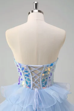 Azul A-Line Querida Keyhole Corset Tiered Espelhos Ruffle Long Prom Dress