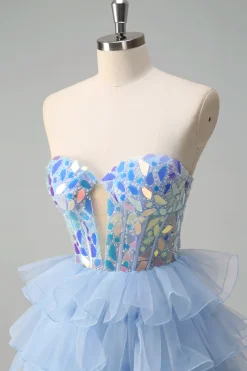 Azul A-Line Querida Keyhole Corset Tiered Espelhos Ruffle Long Prom Dress