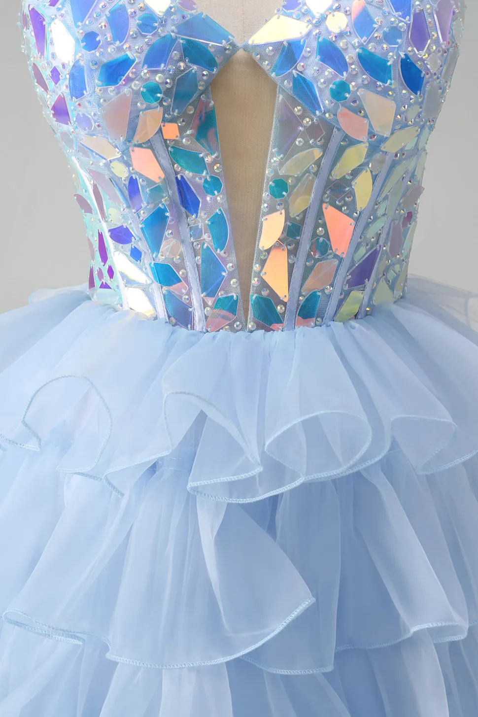 Azul A-Line Querida Keyhole Corset Tiered Espelhos Ruffle Long Prom Dress