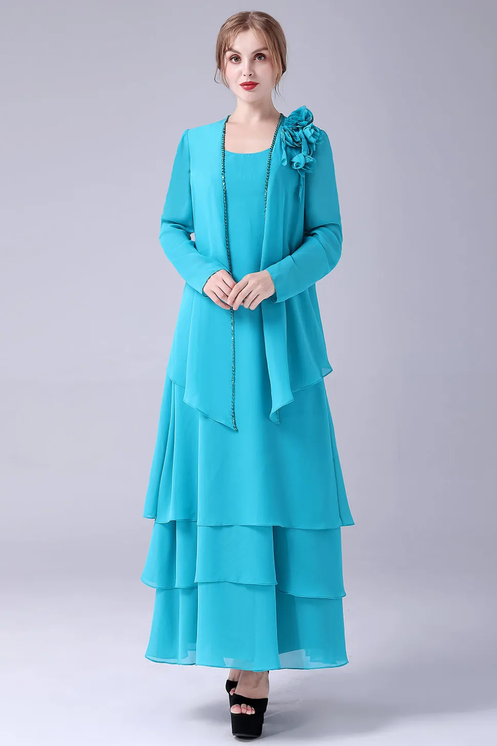 Azul A-Line Scoop Neck Chiffon Andar de comprimento Mãe do vestido da noiva