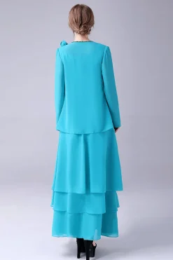 Azul A-Line Scoop Neck Chiffon Andar de comprimento Mãe do vestido da noiva
