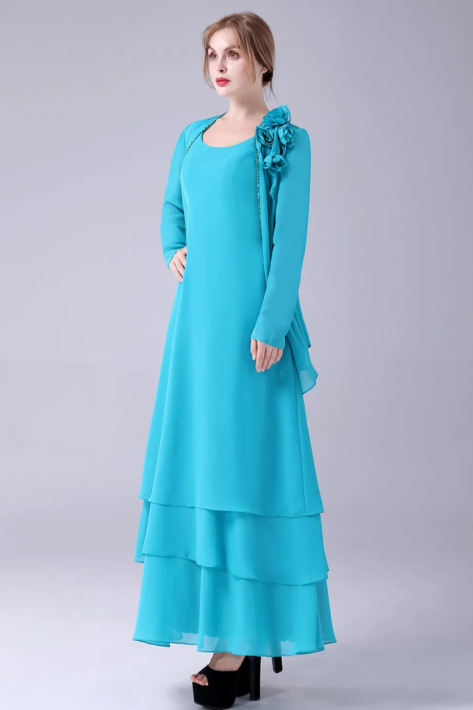 Azul A-Line Scoop Neck Chiffon Andar de comprimento Mãe do vestido da noiva