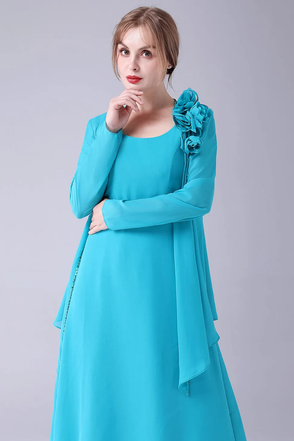 Azul A-Line Scoop Neck Chiffon Andar de comprimento Mãe do vestido da noiva