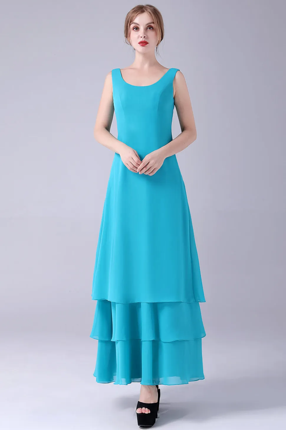 Azul A-Line Scoop Neck Chiffon Andar de comprimento Mãe do vestido da noiva