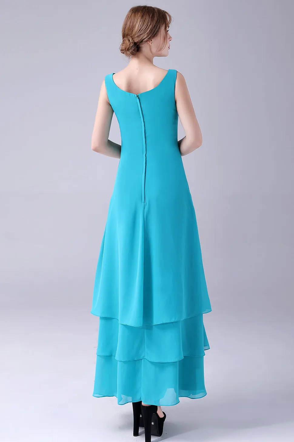 Azul A-Line Scoop Neck Chiffon Andar de comprimento Mãe do vestido da noiva