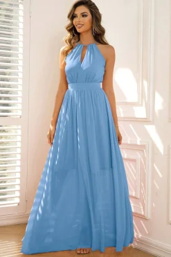 Azul A-Line Sem mangas longo vestido formal