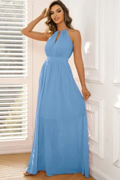 Azul A-Line Sem mangas longo vestido formal
