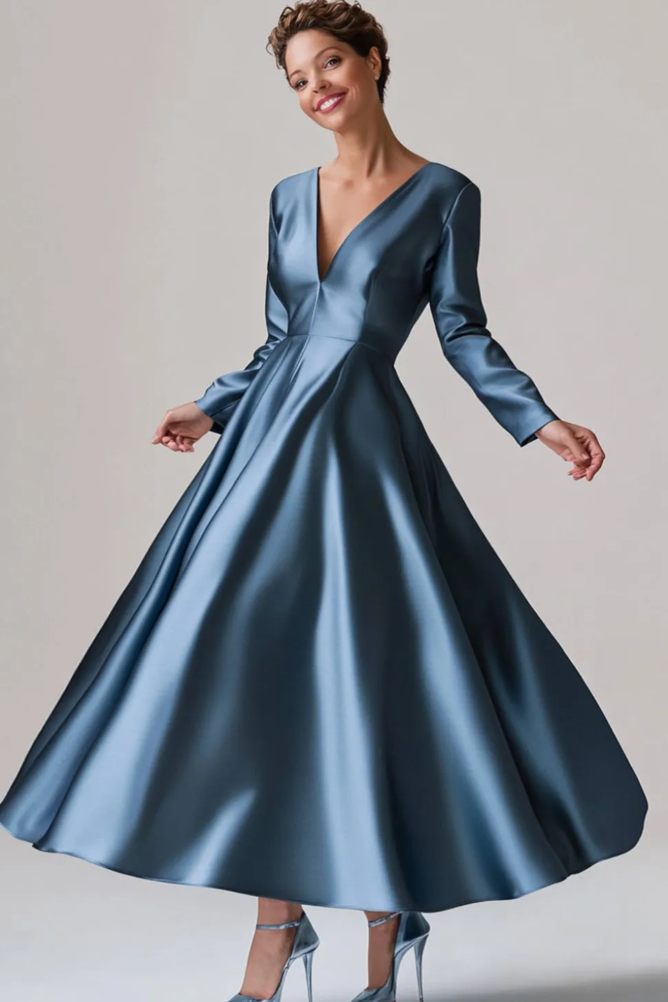 Azul A-Line V Pescoço Mangas Longas Cetim Longa Mãe Do Vestido Da Noiva