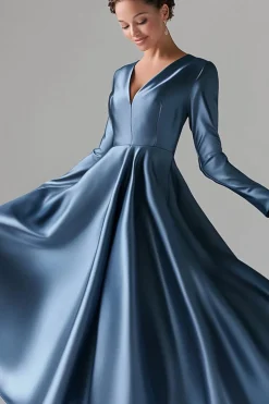 Azul A-Line V Pescoço Mangas Longas Cetim Longa Mãe Do Vestido Da Noiva