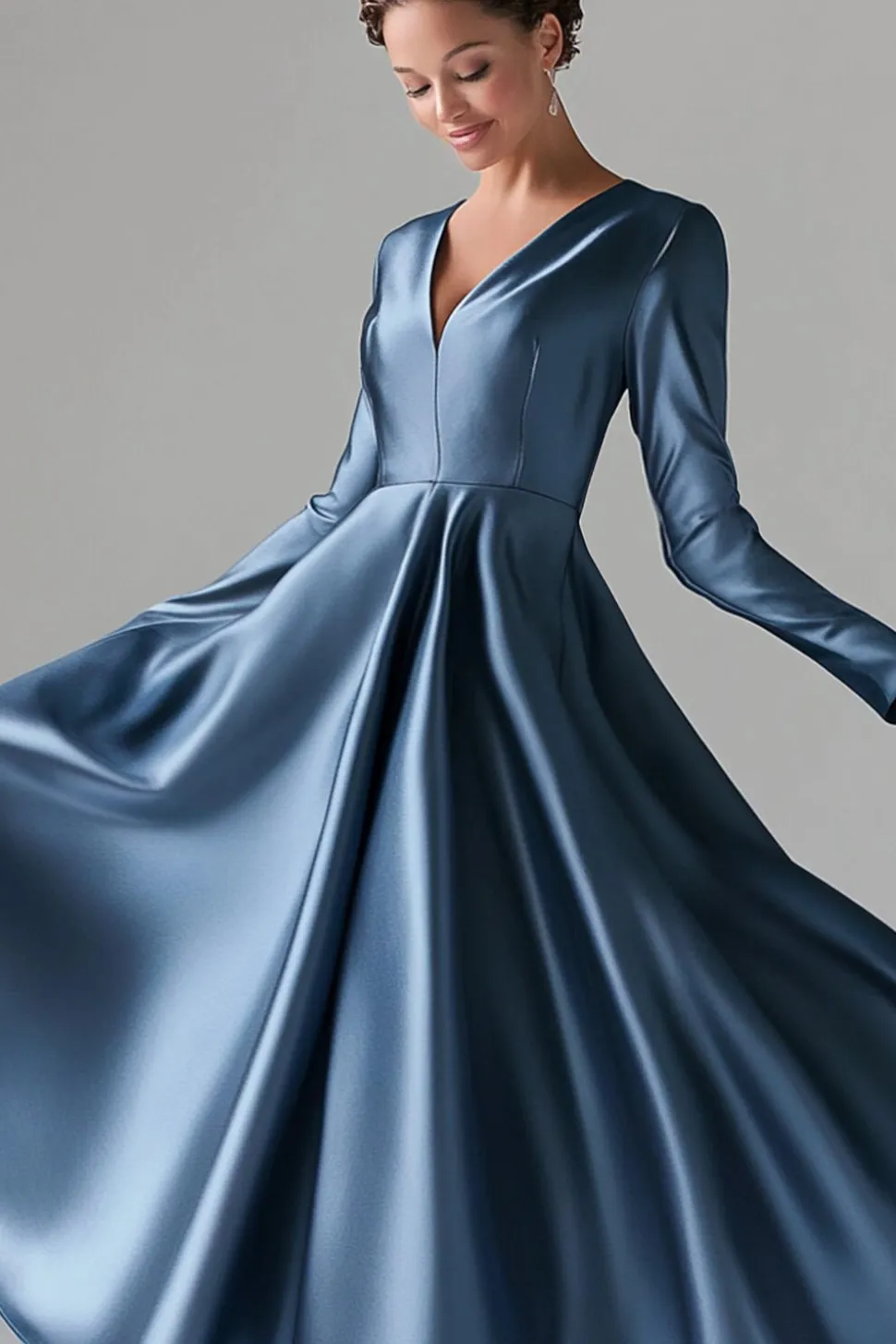 Azul A-Line V Pescoço Mangas Longas Cetim Longa Mãe Do Vestido Da Noiva