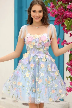 Azul A-Line Vestido Curto de Cocktail com Flores 3D