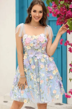 Azul A-Line Vestido Curto de Cocktail com Flores 3D