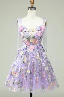Azul A-Line Vestido Curto de Cocktail com Flores 3D