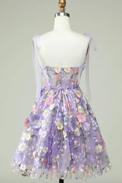 Azul A-Line Vestido Curto de Cocktail com Flores 3D
