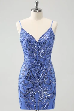 Azul Backless Spaghetti Correias Apertado Homecoming Dress com Sequins