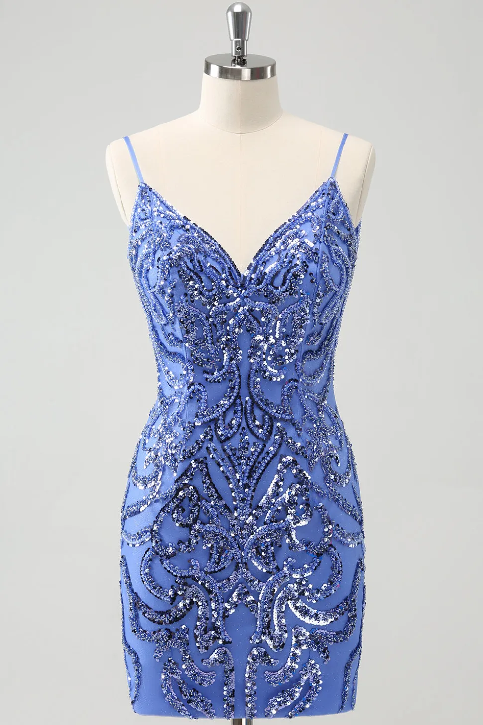 Azul Backless Spaghetti Correias Apertado Homecoming Dress com Sequins