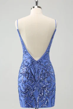 Azul Backless Spaghetti Correias Apertado Homecoming Dress com Sequins