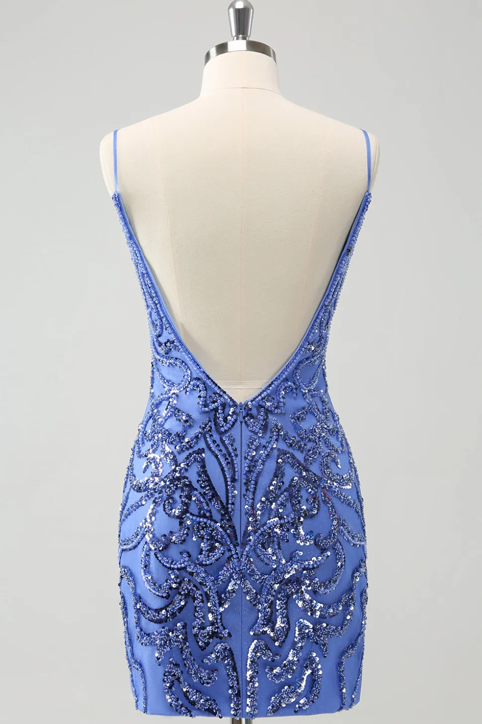 Azul Backless Spaghetti Correias Apertado Homecoming Dress com Sequins