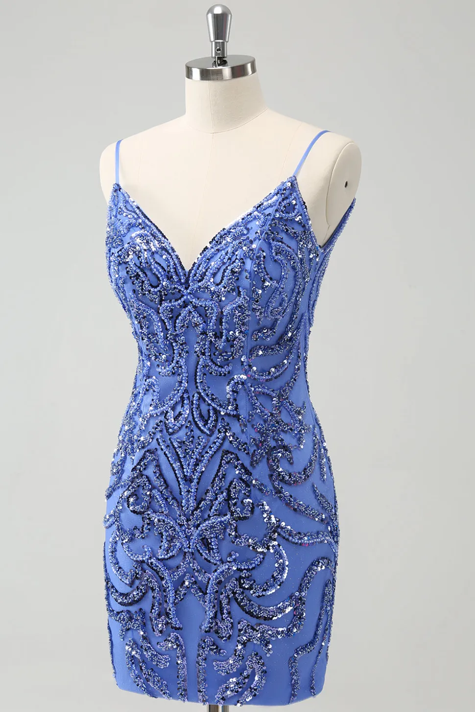Azul Backless Spaghetti Correias Apertado Homecoming Dress com Sequins