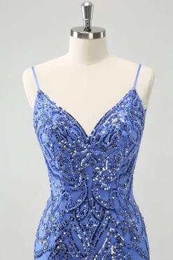 Azul Backless Spaghetti Correias Apertado Homecoming Dress com Sequins